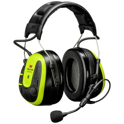 Een groen-zwarte communicatieheadset met microfoon, geschikt voor lawaaiige omgevingen. Merknaam '3M Peltor' gedrukt.