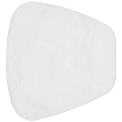 Een witte, driehoekige luchtfilterpatroon met afgeronde hoeken, die wordt gebruikt voor ademhalingstoestellen.
