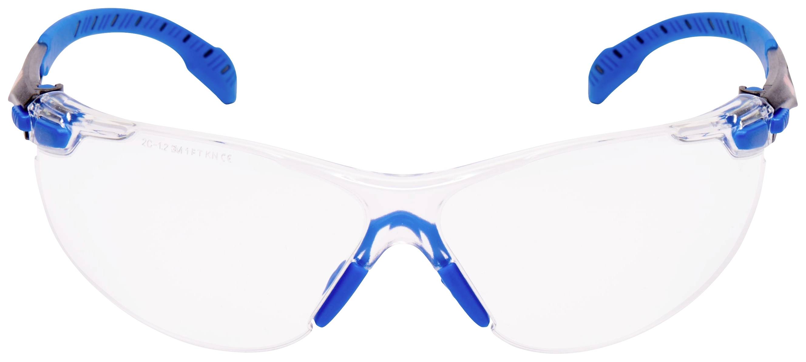 Veiligheidsbril met heldere glazen en blauwe pootjes, geschikt voor werkzaamheden die oogbescherming vereisen.