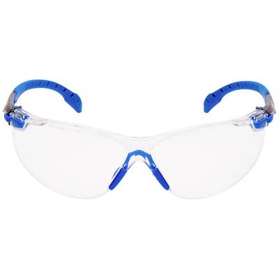 Veiligheidsbril met heldere glazen en blauwe pootjes, geschikt voor werkzaamheden die oogbescherming vereisen.
