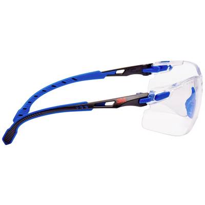 Een veiligheidsbril met heldere glazen en blauwe pootjes, die wordt gebruikt voor veiligheid tijdens werkzaamheden.