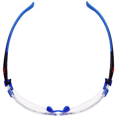 Veiligheidsbril met blauwe pootjes en helder glas, geschikt voor veiligheidsdoeleinden.