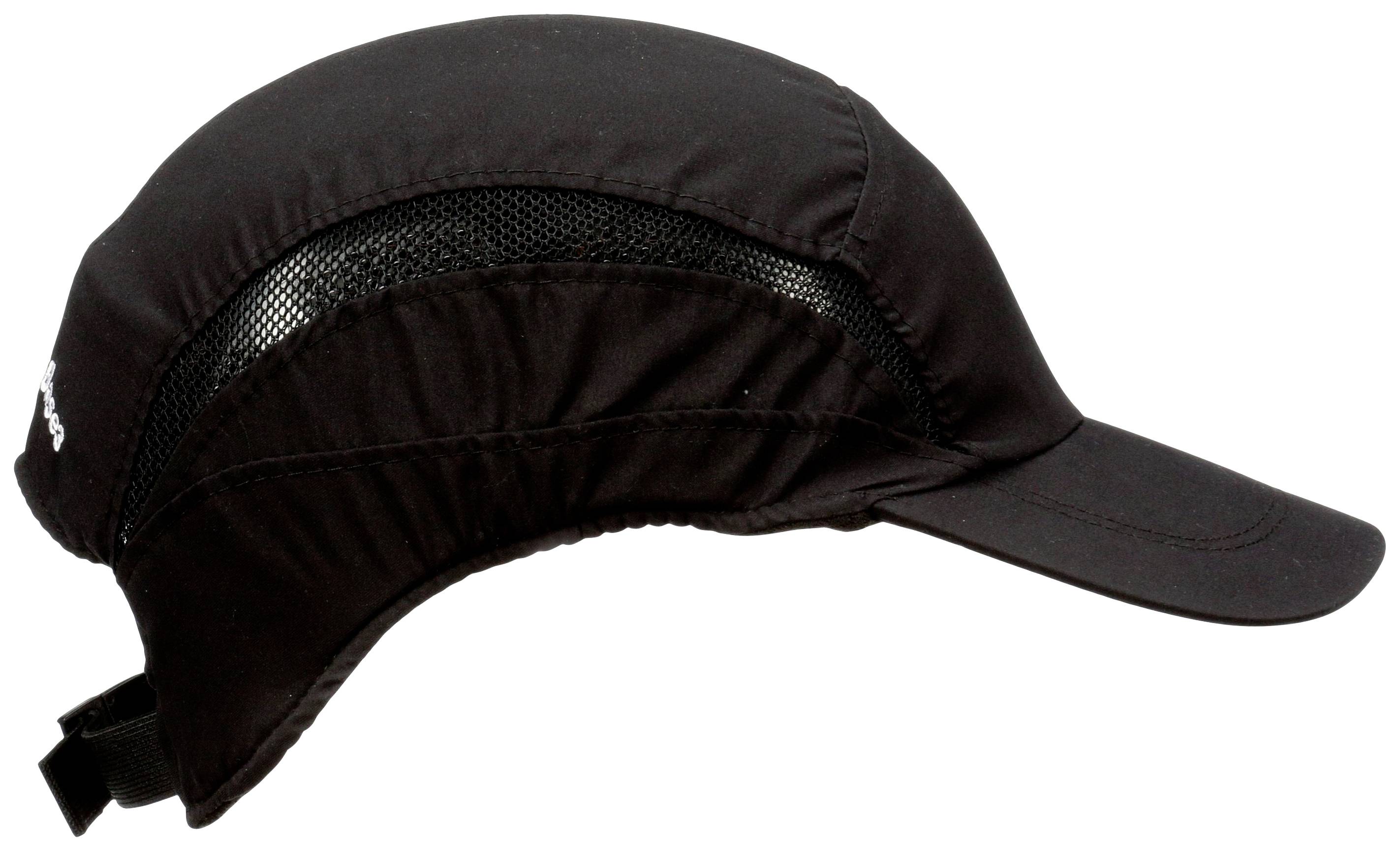 De afbeelding toont een zwarte pet met een gebogen klep en een gedeelte van gaas voor ventilatie.