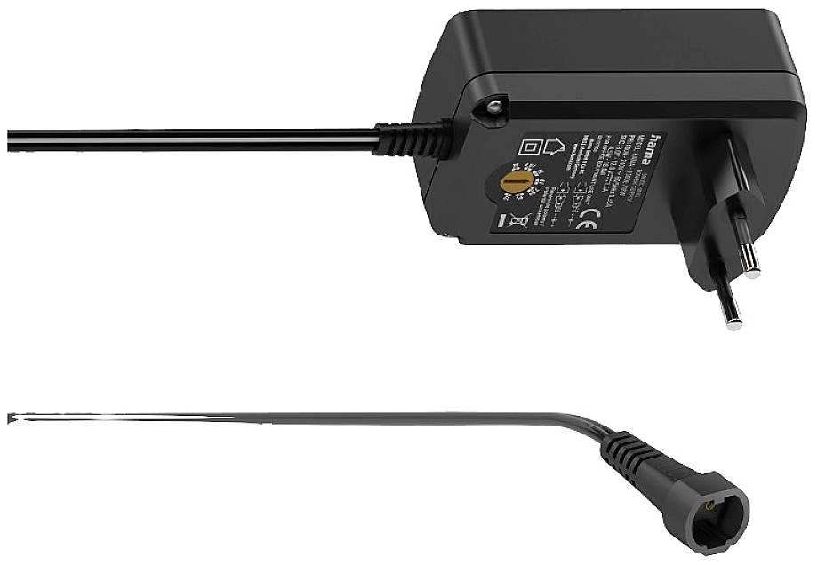 Zwart netsnoer met EU-stekker, kabel en jackplug. Geschikt voor elektronische apparaten. Etiketten met technische specificaties.