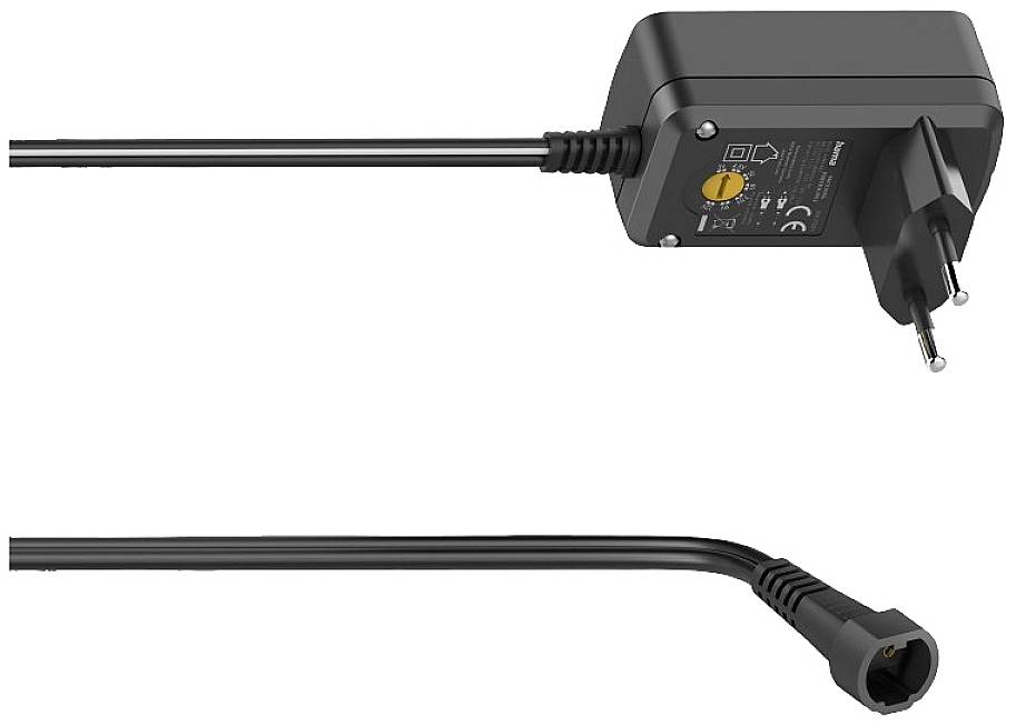 Zwart voedingssnoer met kabel en Europese stekker bovenaan, onderaan een aansluitstuk om op een apparaat aan te sluiten; voor stroomvoorziening.