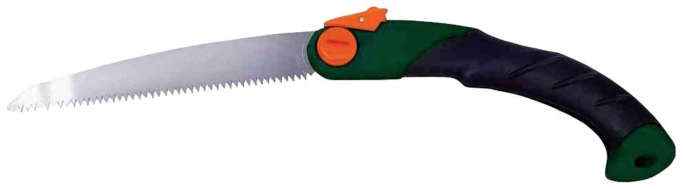Een opvouwbare handzaag met een groene handgreep en een oranje vergrendelingsmechanisme. De zaag heeft een gebogen, getande zaagblad.
