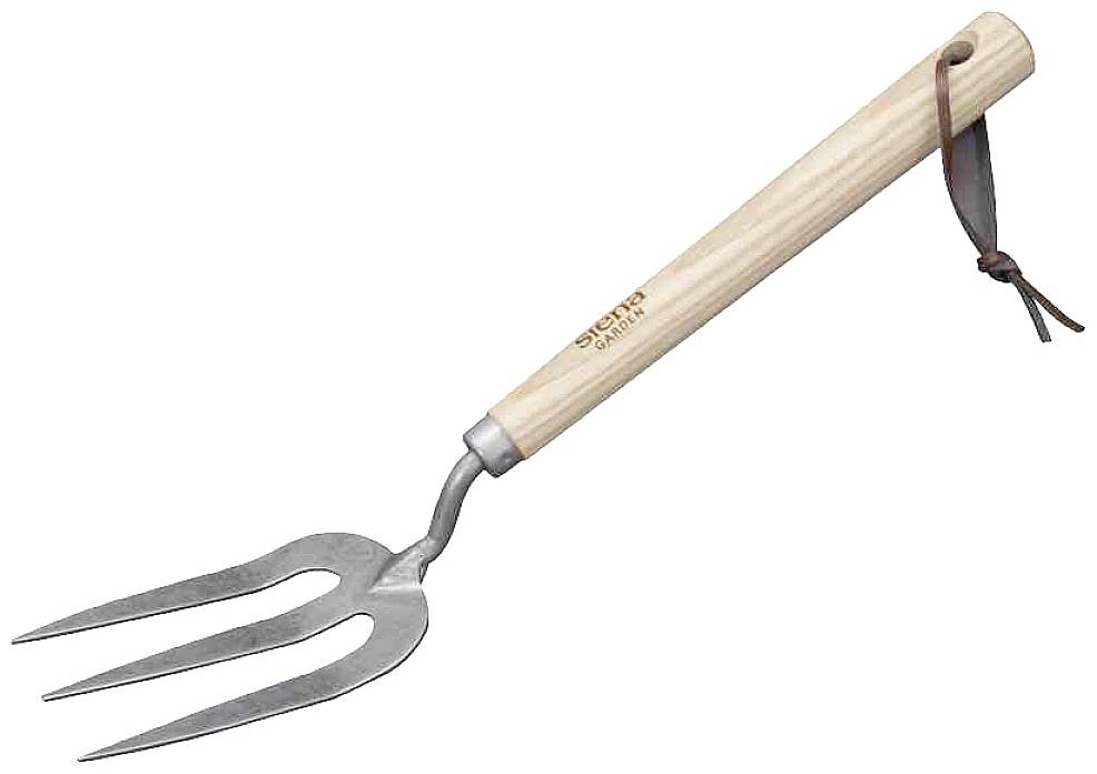 Tuinhandvork met houten handgreep en drie metalen tanden, handig voor het losmaken van grond in borders.