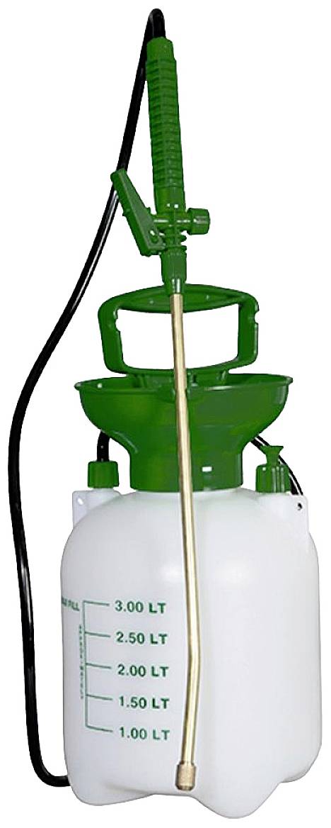 Kunststof pompspuit met groene handgreep en schaalverdeling tot 3 liter, geschikt voor het gelijkmatig aanbrengen van vloeistoffen.