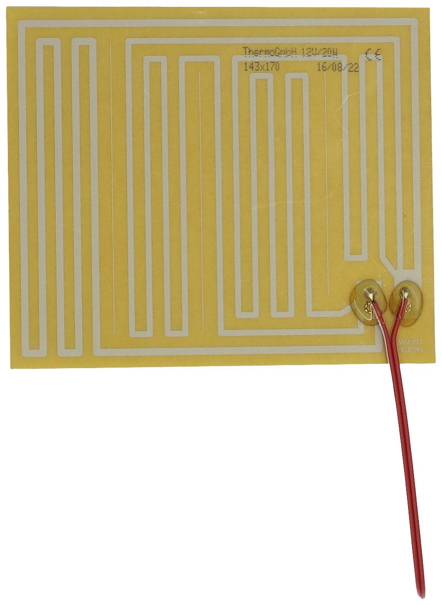 Een geel elektrisch verwarmingskussen met een gedrukte verwarmingsspiraal en twee rode aansluitdraden op twee gouden contactpunten.