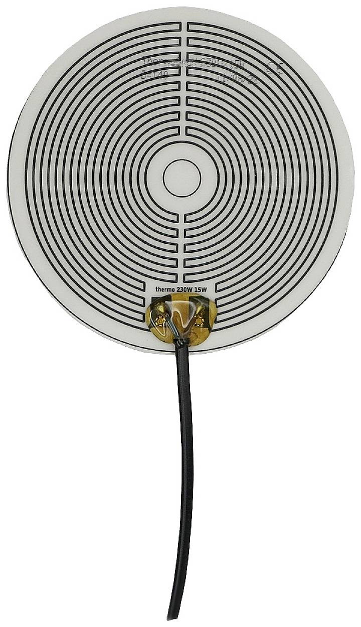Platte verwarmingsweerstand van roestvrij staal met een spiraalvormig patroon en twee aangesloten kabels voor elektrische aansluiting.
