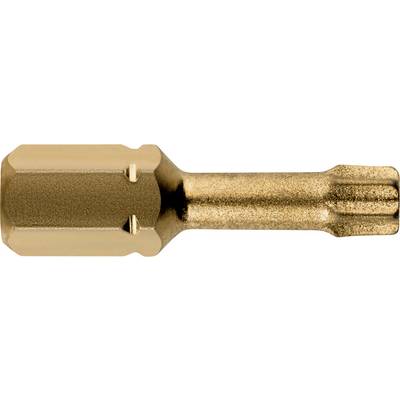 Close-up van een goudkleurig Torx-schroevendraaierbit, met zeskantige schacht en stervorming tip.