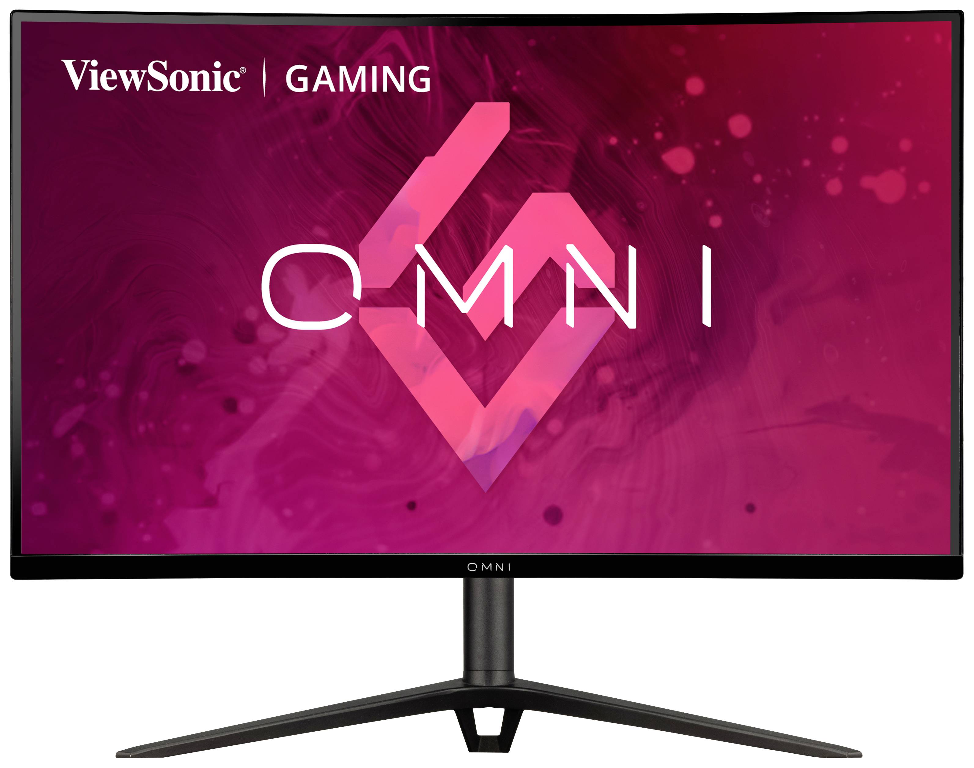 Een gamingmonitor met een gebogen scherm, rode achtergrond en het opschrift 'ViewSonic OMNI'. Ideaal voor gaming.