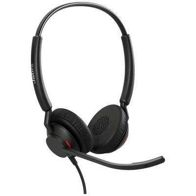Zwart headset met microfoon, aan beide oordoppen rood gemarkeerd. Geschikt voor telefoongesprekken of audio-toepassingen.