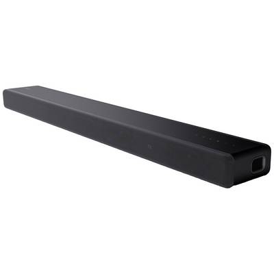Zwarte soundbar met minimalistisch design, rechthoekig met afgeronde hoeken. Links zijn kleine bedieningsknoppen zichtbaar op een donker oppervlak.