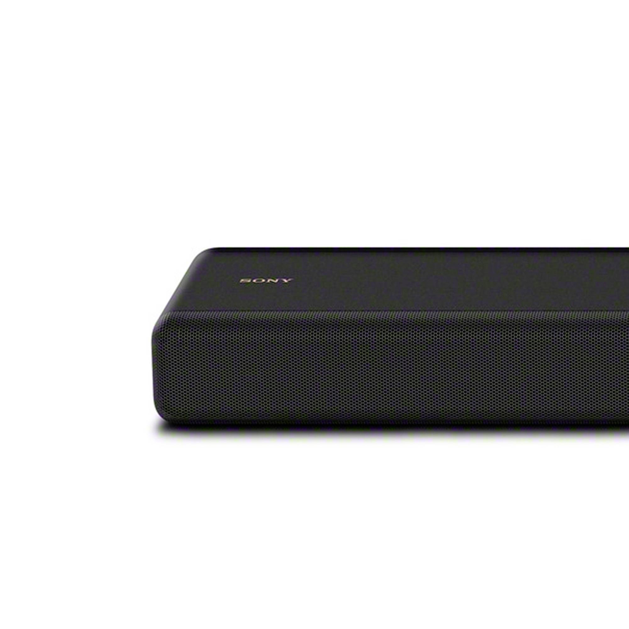 Een zwarte Sony-soundbar op een witte achtergrond, geschikt voor tv- en thuisbioscoop-audioverbeteringen.