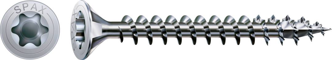 Een metalen schroef met kruiskop en een puntig toelopend schroefdraad. Links de schroefkop met het opschrift 'SPAX'.