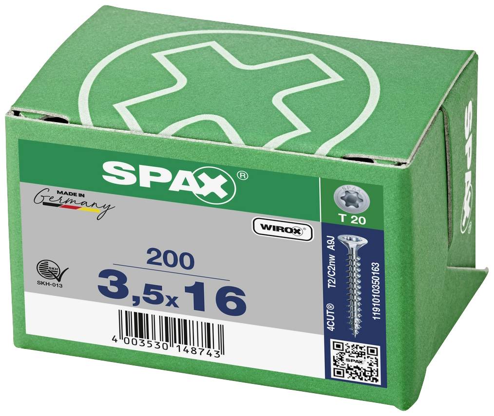 Een groene doos met het opschrift 'SPAX', bevat 200 schroeven van het formaat 3,5x16, vervaardigd in Duitsland, Wirox-gecoat.
