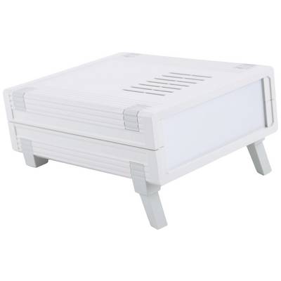 Een wit, vierkant behuizing met ventilatiesleuven en korte steunpootjes. Het lijkt op een technisch apparaat of opslagdoos.