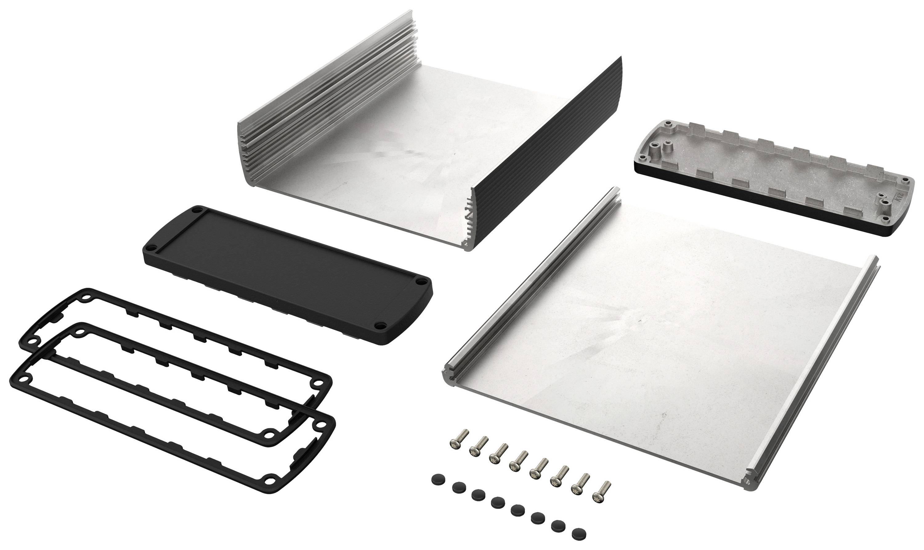 Gedemonteerde weergave van een rechthoekig aluminium behuizing met deksels, schroeven en afdichtingen, klaar voor assemblage.