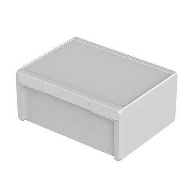 Een witte, rechthoekige, gesloten plastic doos met afgeronde hoeken.