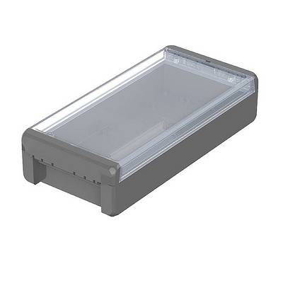 Grijs kunststof beschermbehuizing met transparante afdekking, rechthoekige vorm. Geschikt voor de bescherming van elektronische componenten.