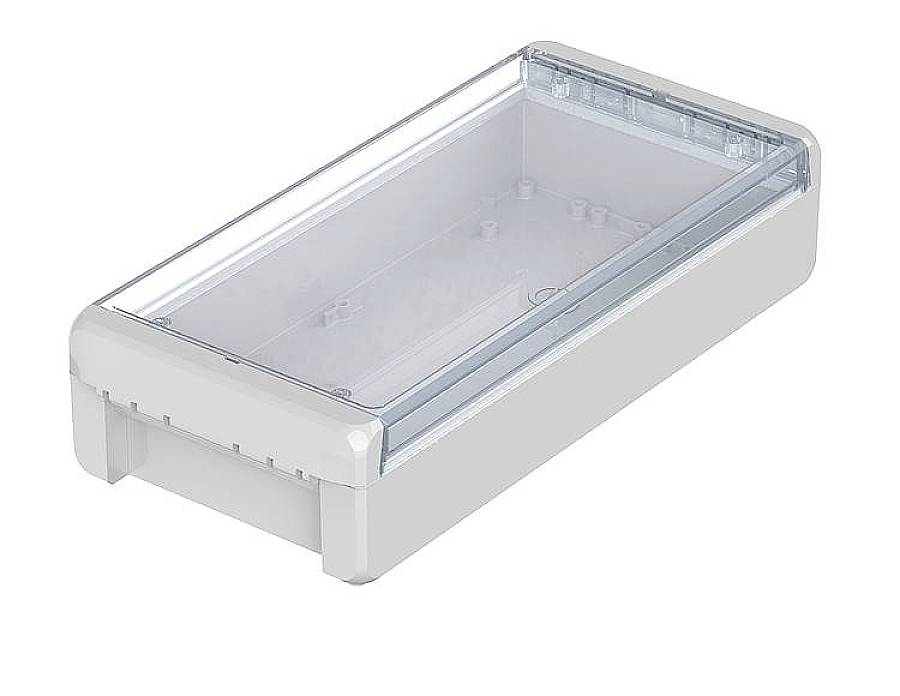 Een rechthoekige, transparante kunststof behuizing met een afneembare afdekking en afgeronde randen.
