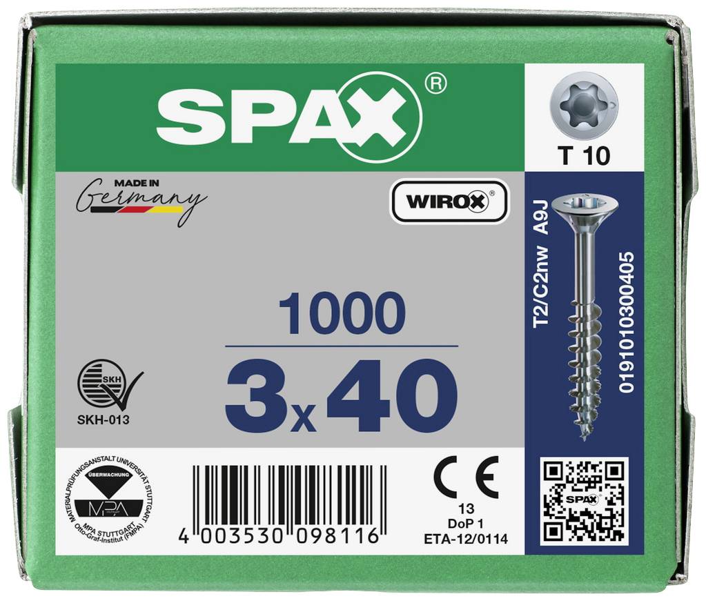 Doos met 1000 SPAX-schroeven, 3x40 mm, Wirox-coating, Torx T10, vervaardigd in Duitsland.