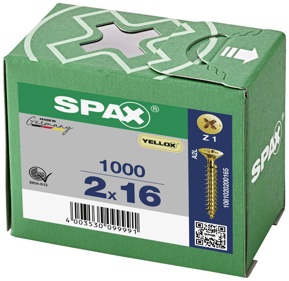 Een groene SPAX-schroevendoos, maat 2x16 mm, bevat 1000 stuks. 'Made in Germany'. Bevat ook een QR-code.