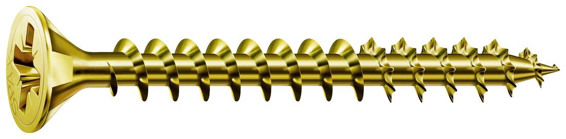 Gouden houten schroef met verzonken kop en schroefdraad langs de gehele lengte, op een witte achtergrond, toont detail van de schroefconstructie.