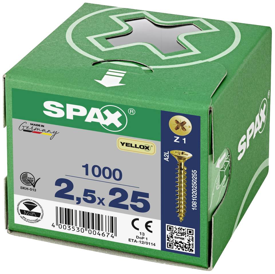 Groene SPAX-doos met 1000 schroeven, maat 2,5 x 25 mm, Z1-kop. Bevat handelsmerk en Made in Germany-tekst.