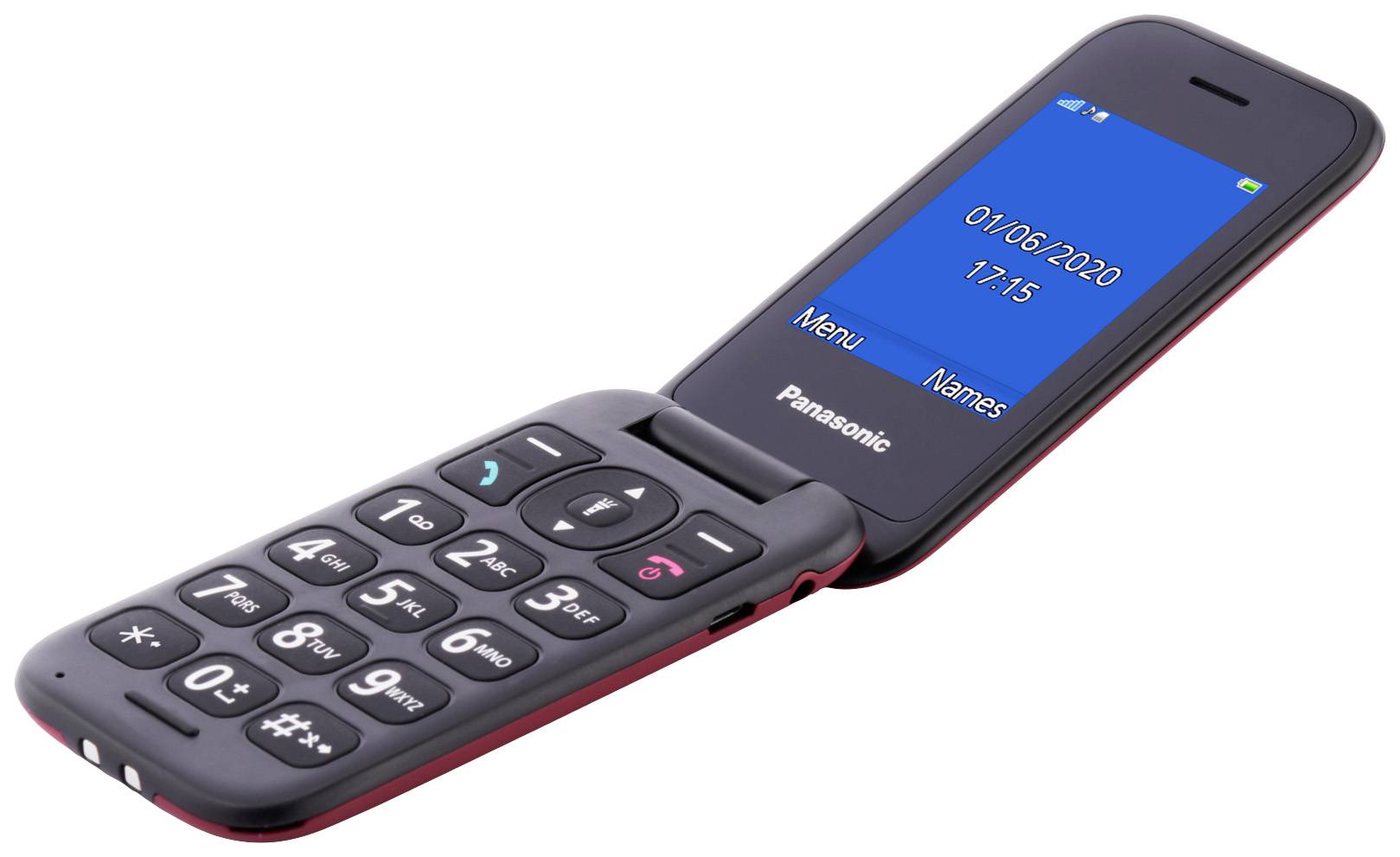 Mobiele telefoon met groot toetsenbord en een blauw scherm waarop '01/06/2020' en '17:15' wordt weergegeven. Merk 'Panasonic'.