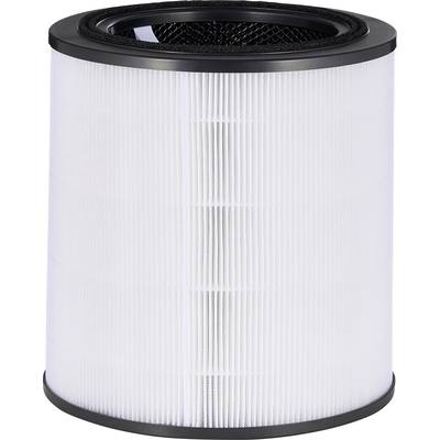 Een ronde luchfilter met witte verticale plooien en zwarte randen. Wordt gebruikt voor het zuiveren van lucht.