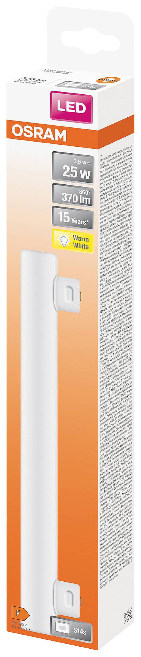 'OSRAM LED-lamp, 29W, 370 Lumen. Verpakking toont energiezuinigheid, productafbeelding van de lamp en merknaam.'