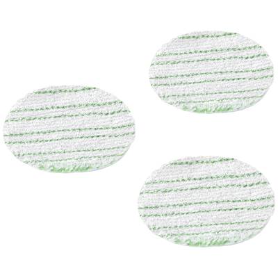 Drie ronde, gestreepte reinigingsschuurpads met wit-groen patroon op witte achtergrond.