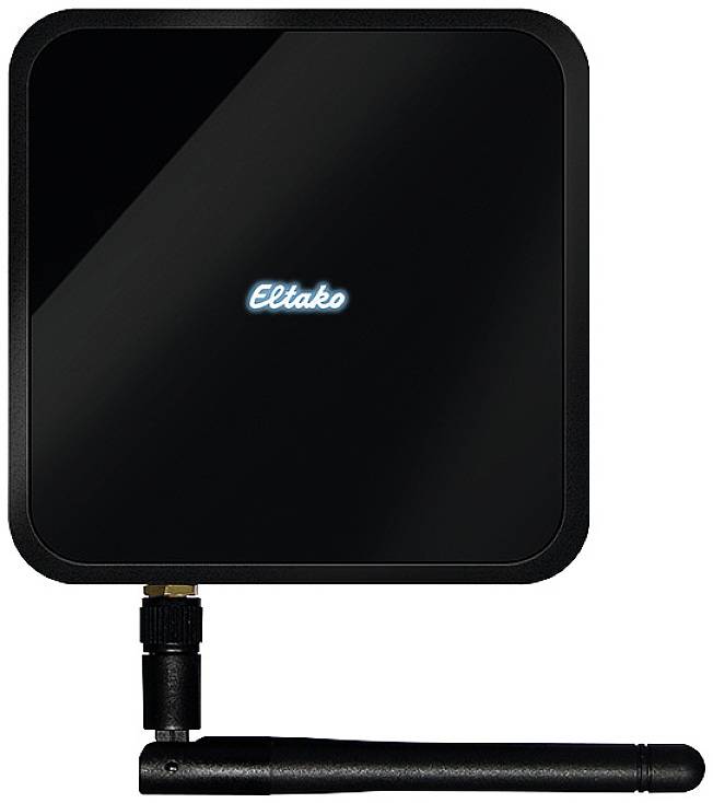 Een zwart, vierkant Eltako-apparaat met een verlicht logo in het midden en een antenne aangebracht onderaan links.