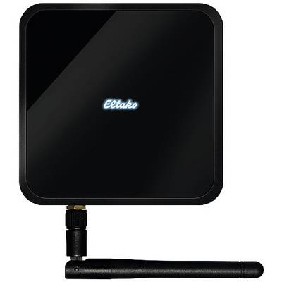 Een zwart, vierkant Eltako-apparaat met een verlicht logo in het midden en een antenne aangebracht onderaan links.