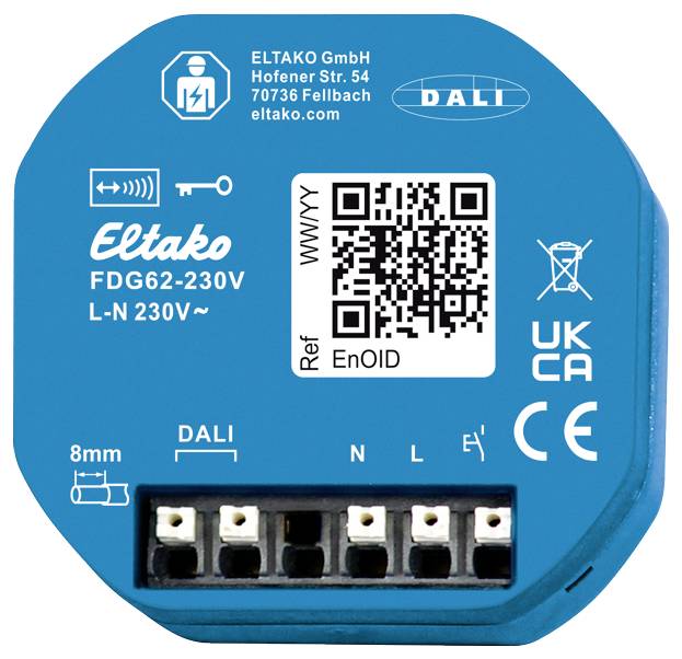 Blauwe Eltako FDG62-230V draadloze schakelactor met DALI-aansluiting, fabrikantsadres, QR-code, symbolen en aansluitklemmen.