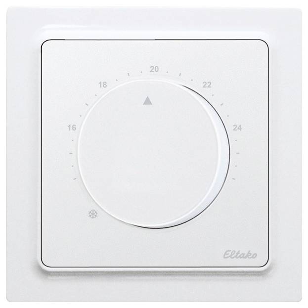 Een witte draaiknop voor temperatuurregeling aan de muur, gemarkeerd van 16 tot 24 graden Celsius, fabrikant 'Eltako'.