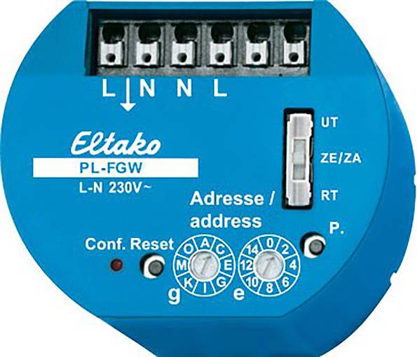 Een blauw Eltako PL-FGW apparaat voor het besturen van elektrische systemen, met aansluitingen bovenaan en instelwielen onderaan voor configuratie.