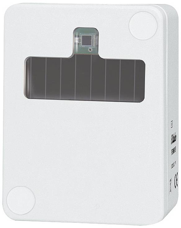 Een rechthoekig, wit apparaat met een zwart, rechthoekig sensorvenster bovenaan. Boven het venster bevindt zich een kleine sensor.
