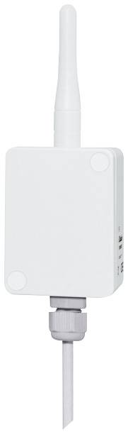 Witte, rechthoekige temperatuursensor met draadloze technologie, voorzien van een lange antenne en kabel, geschikt voor industriële toepassingen.