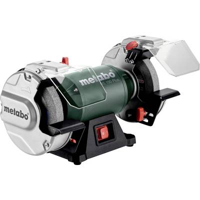 Metabo bankslijper met twee slijpschijven, veiligheidsbescherming en rode aan/uit-schakelaar op een zwart onderstel.