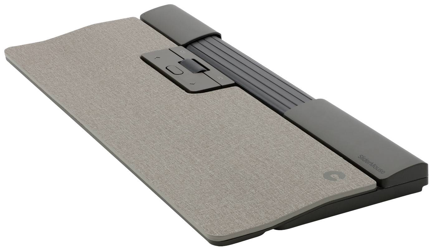 Tablet met stofoppervlak en geïntegreerde steunbalk in een slanke vormgeving, geschikt voor ergonomische computerbesturing.