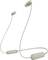 Draadloze in-ear-hoofdtelefoon in beige met verbindingskabel tussen de oordopjes. Links bevindt zich een klein rood lampje.