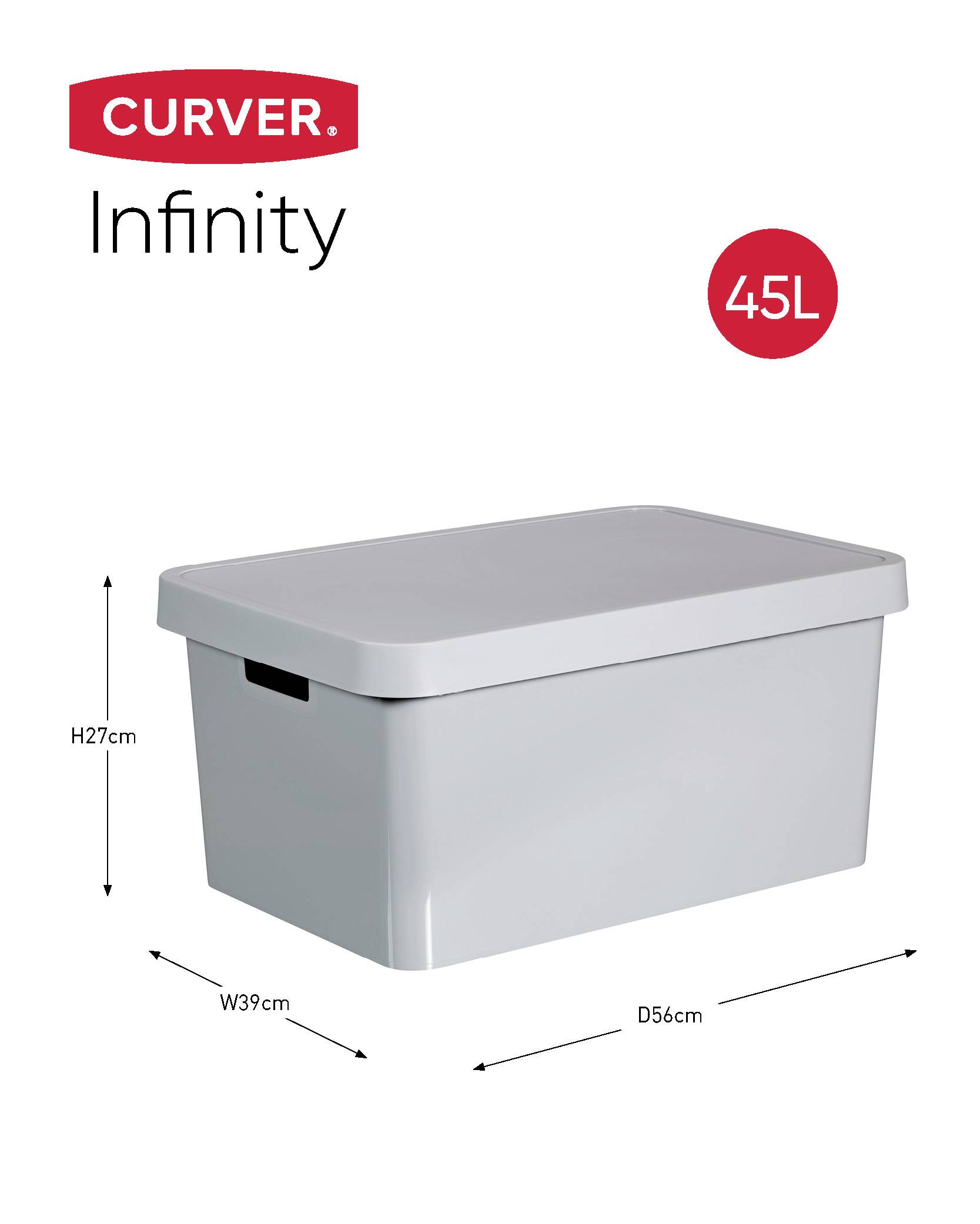 Grote, grijze kunststof opbergbox van het merk Curver Infinity met een inhoud van 45 liter. Afmetingen: 56 cm x 39 cm x 27 cm.