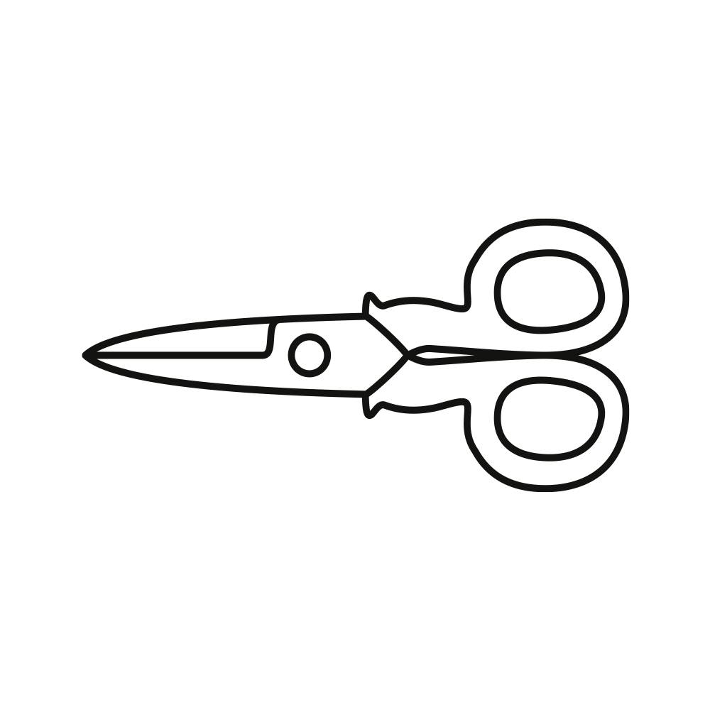 Zwart-witte tekening van een schaar met twee handgrepen en gesloten messen, op een witte achtergrond.