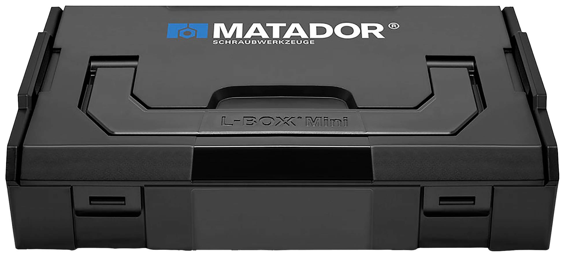 Zwarte gereedschapskist met 'MATADOR Schraubwerkzeuge' logo en opschrift 'L-BOXX Mini', geschikt voor het opbergen van schroeigereedschappen.