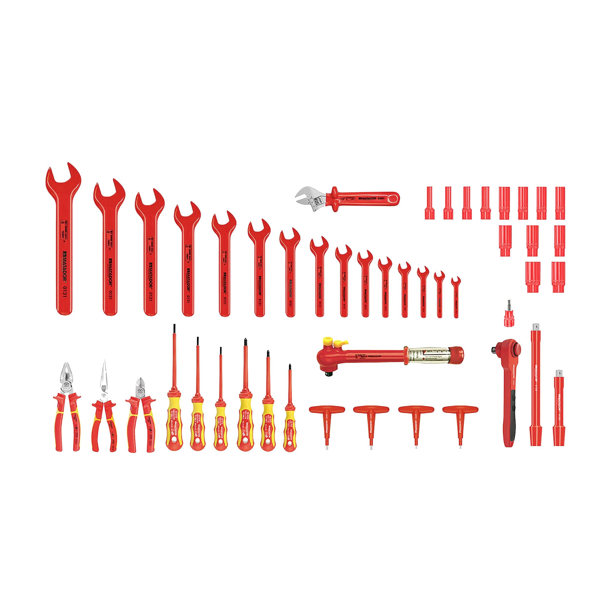 Een set geïsoleerde gereedschappen in het rood, bestaande uit moersleutels, tangen, schroevendraaiers en andere handgereedschappen, gerangschikt in rijen.