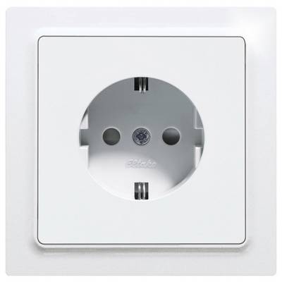 Witte EU-stopcontact met twee openingen voor Schuko-stekkers, gemonteerd in een witte wandplaat.