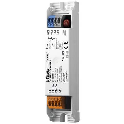 Elektrische dimmer, model DLP-300W-RLC van 'Eldako', aansluitklemmen boven en onder, markeringen voor installatie en veiligheid.